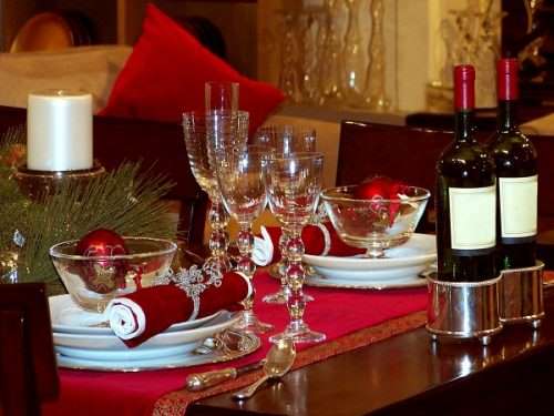 wine and glasses on Christmas table