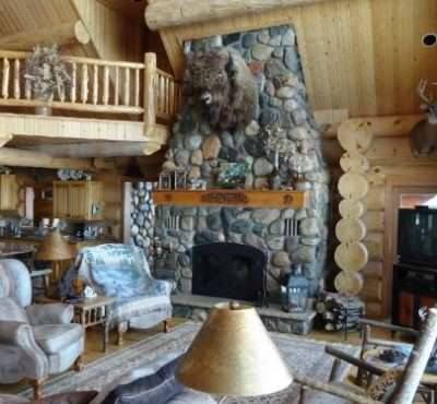 fireplace mantle with buffalo head