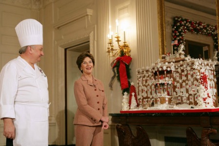 Mrs. Laura Bush with gingerbread house at the White House