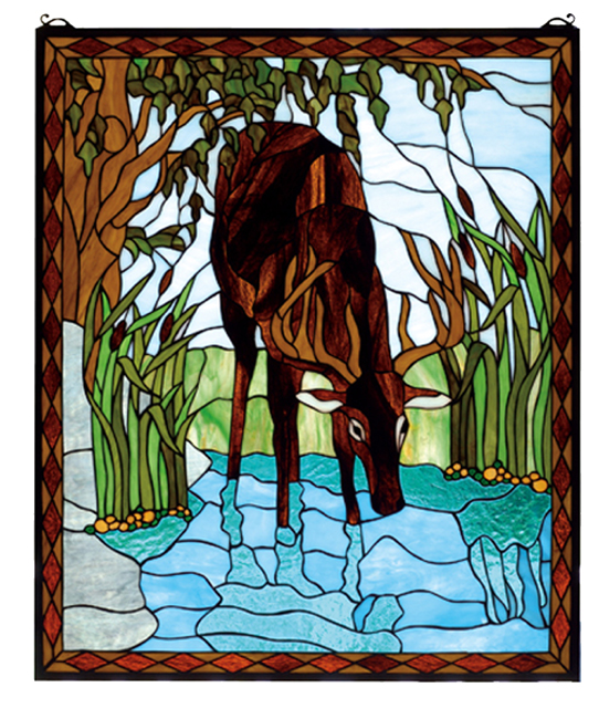 stained glass window panel with deer drinking from river