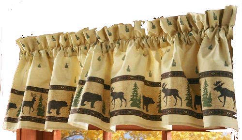 beige window valance with moose and bears