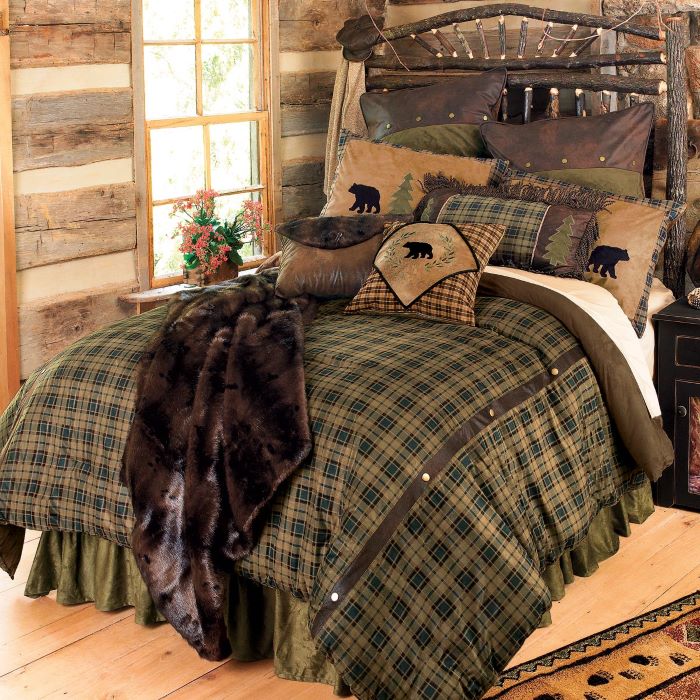 brown plaid alpine bear bedding set