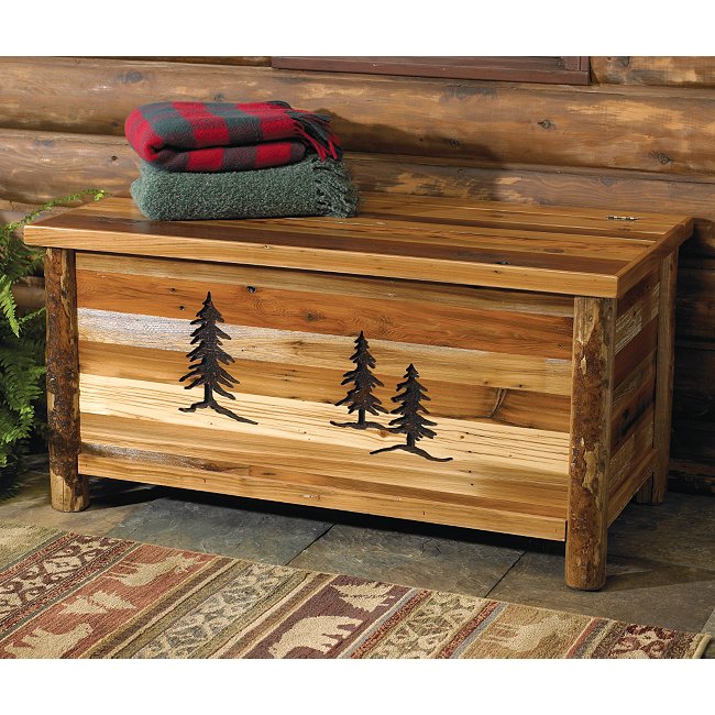 barnwood blanket chest with carved trees
