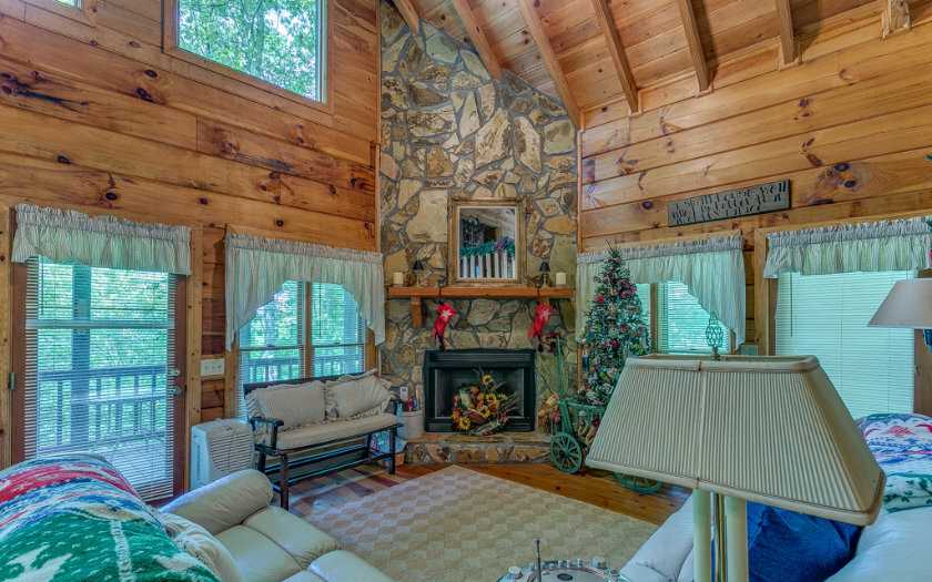 valances and swags in a log cabin great room