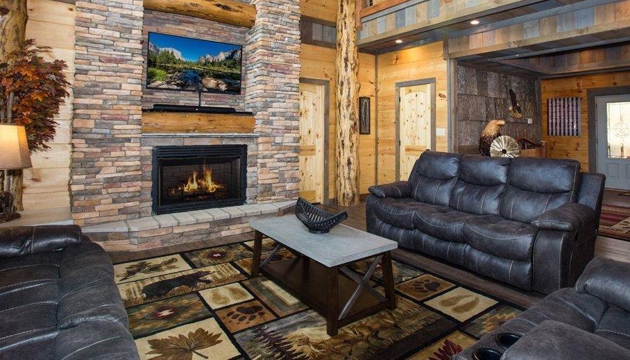 log cabin rug in room with fireplace