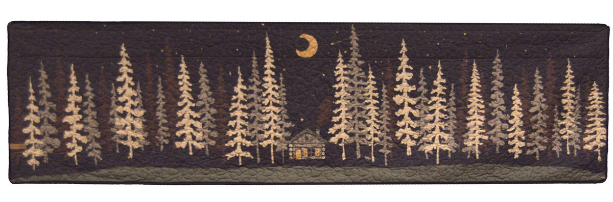 valance with trees, log cabin and moon