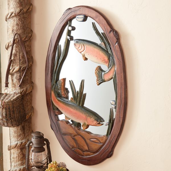 rainbow trout mirror carved wood