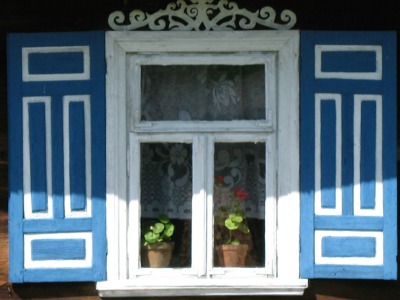 colorful blue and white shutters