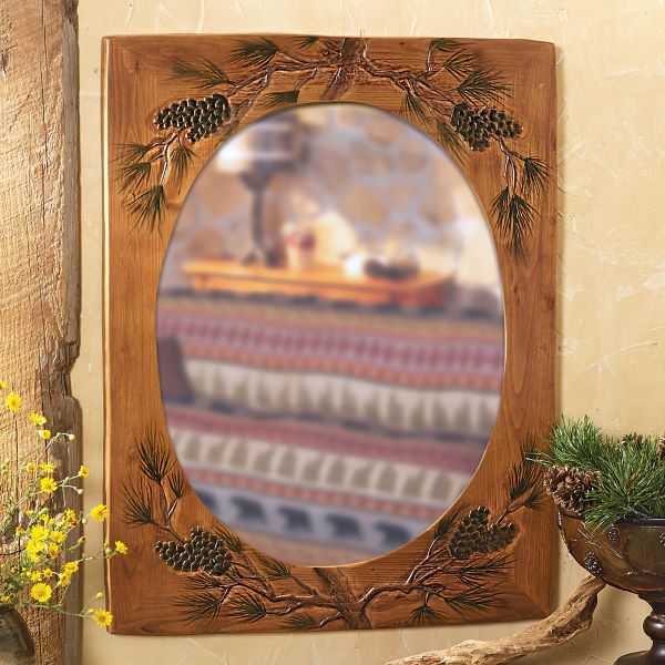 wood carved pinecone mirror